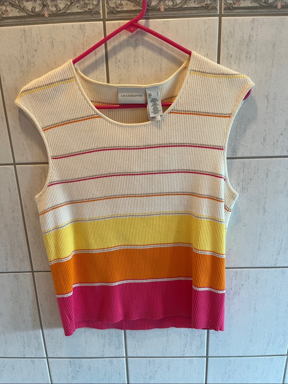 Liz Claiborne Cream Tank Top with Pink, Orange & Yellow Stripes